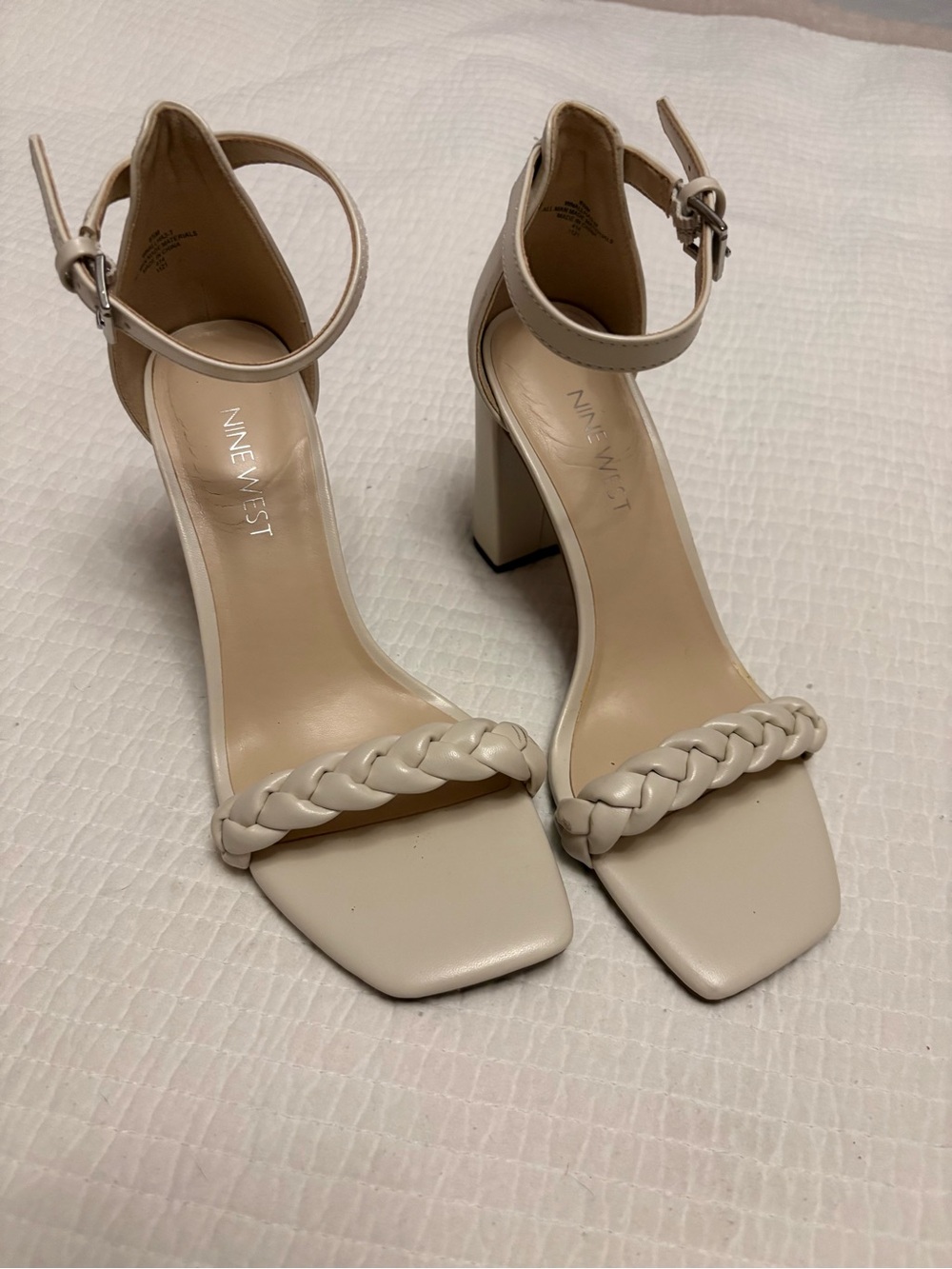 Nine West Cream Braided Strap Block Heel Sandals